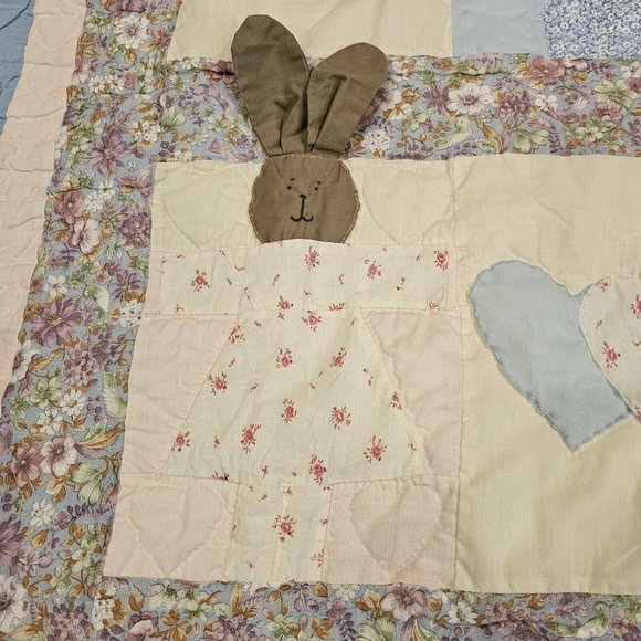 Vintage Baby Quilt Blanket Floppy Bunny Ears Hearts Blue Cream Pink Floral 44x50 - Picture 11 of 13